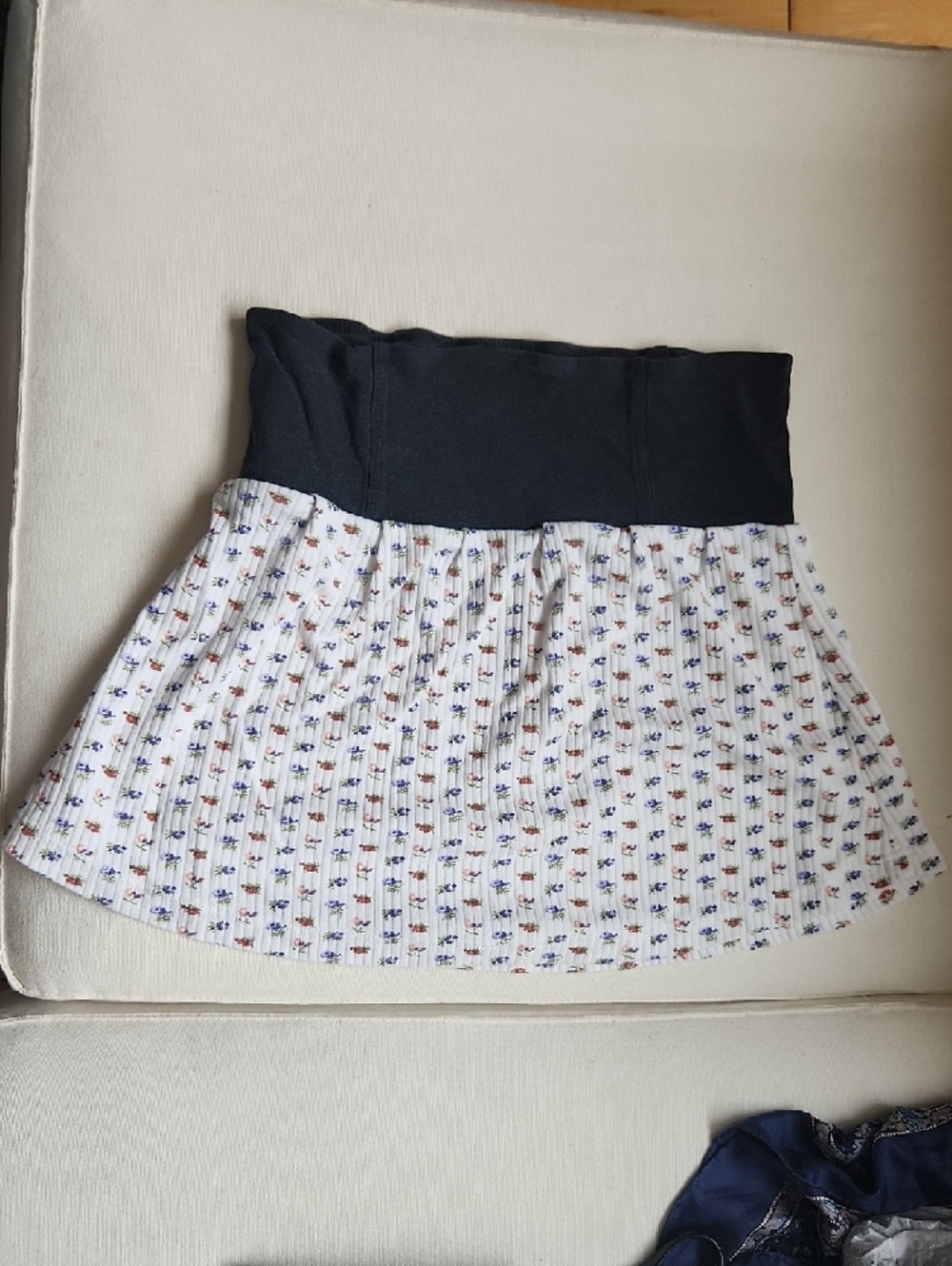 Women's White Floral A-Line Skirt with Black Waistband